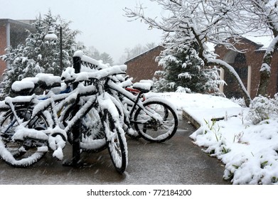 Snow Covered Bikes On A Bike Rack At A Local School