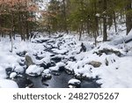 a snow covered brook at Burr Pond State Park in Torrington Connecticut during winter.