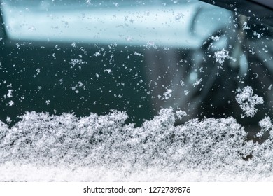 Snow covered car window, macro, close up. Antifreeze was not used. Vehicles in snow. Winter time is coming. Bad weather conditions