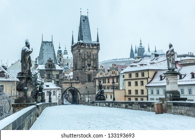 Snow Covered Charles Bridge In Prague