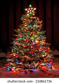 Snow Covered Christmas Tree With Multi Colored Lights At Night