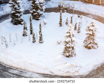 Snow Covered Fir Trees In The Winter Yard. Round Snowy Meadow With Trees In The Yard At The Ski Resort. Aerial View.