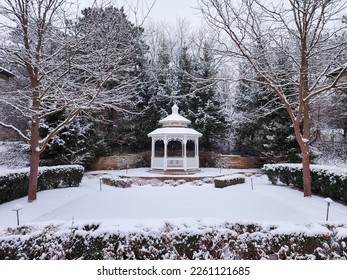 A snow covered gazebo and small courtyard in Ann Arbor Michigan.  - Shutterstock ID 2261121685