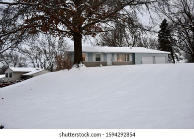 Snow Covered Houses In A Neighborhood In Kansas City, Missouri.