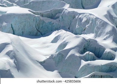 Snow covered the ice structures at the Fee Glacier in the Pennine Alps, Switzerland..