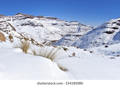 The Snow Covered Maluti Mountains In Rural Lesotho, Africa.