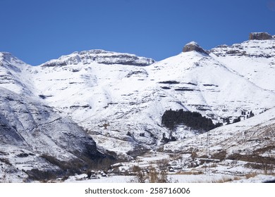 The Snow Covered Maluti Mountains In Rural Lesotho, Africa.