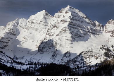 Snow Covered Maroon Bells, Winter, Colorado