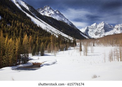 Snow Covered Maroon Bells, Winter, Colorado