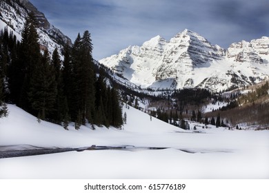 Snow Covered Maroon Bells, Winter, Colorado