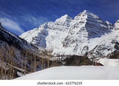 Snow Covered Maroon Bells, Winter, Colorado