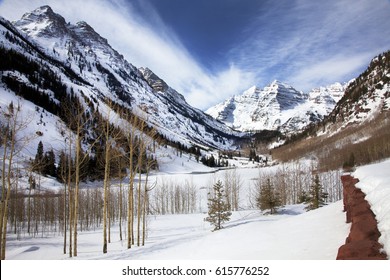 Snow Covered Maroon Bells, Winter, Colorado