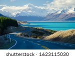 Snow covered Mount Cook with Lake Pukaki and road in the foreground from Peters Lookout, South Island, New Zealand