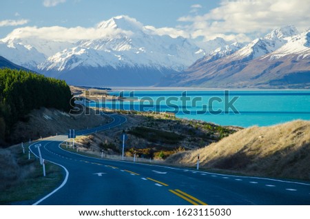 Snow covered Mount Cook with Lake Pukaki and road in the foreground from Peters Lookout, South Island, New Zealand