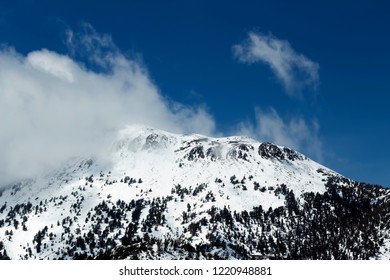 Snow Covered Mount Rose Nevada With Clouds And Blue Sky Green Trees