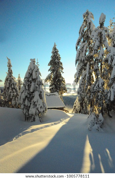 Snow Covered Mountain Top Cabin Stock Photo Edit Now 1005778111