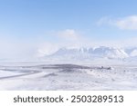 Snow covered mountains overlooking the Ring Road in northern Iceland