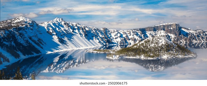 Snow covered rim of Crater Lake and Wizzard Island in Crater Lake National Park, Oregon. - Powered by Shutterstock