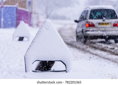 Snow Covered Road Sign On UK Motorway Road