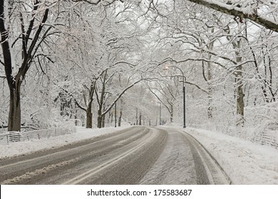 Snow Covered Road And Winter Scene, Central Park, New York City