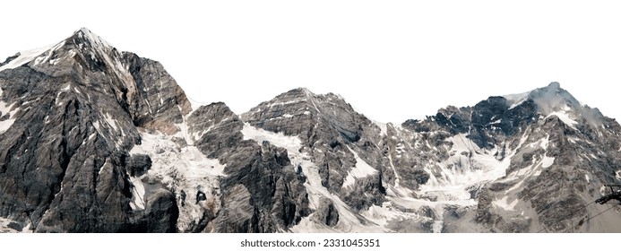 Snow covered rocky mountain (South Tyrol and peak in Italy) isolated on white background.