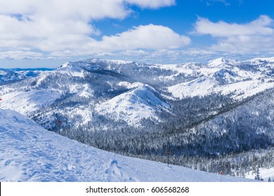 Snow Covered Slopes Of The Sierra Nevada Mountains In Lake Tahoe Near A Ski Resort In Winter