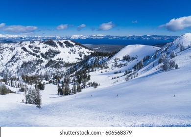 Snow Covered Slopes Of The Sierra Nevada Mountains Above Lake Tahoe California Near A Ski Resort In Winter