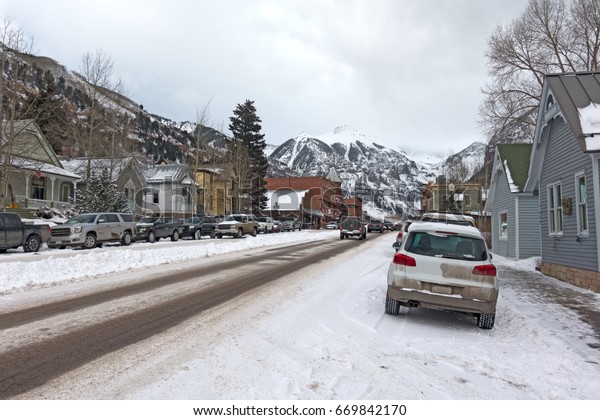 Snow\
Covered Street in Downtown Telluride,\
Colorado