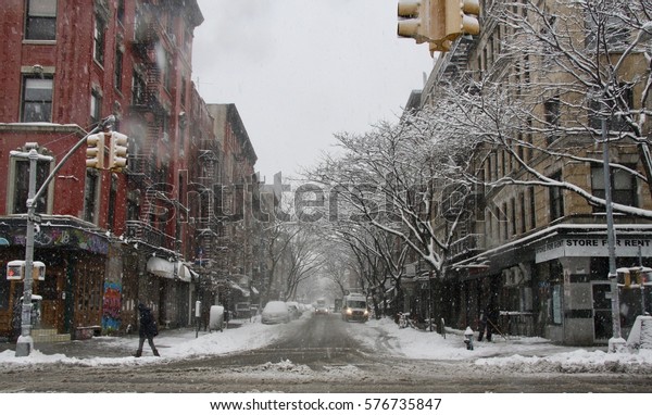 Snow\
Covered Street in the East Village , New\
York