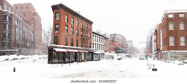 Snow Covered Street Scene On Greenwich Avenue In The West Village Of New York City After A Winter Blizzard