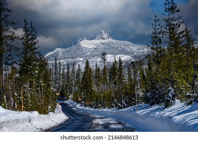 Snow Covered Three Fingered Jack Mountain And Access Road To Hoodoo Ski Area In The Central Oregon Cascade Mountains