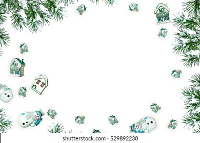 Snow Covered Trees. Festive Christmas Composition. Card. Top View, Flat Lay.