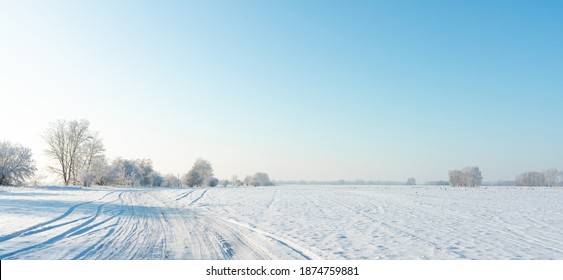 Snow Covered Winter Field With Trees And Road Going Through To The Horizon. Winter Landscape. Beautiful Winter Nature.