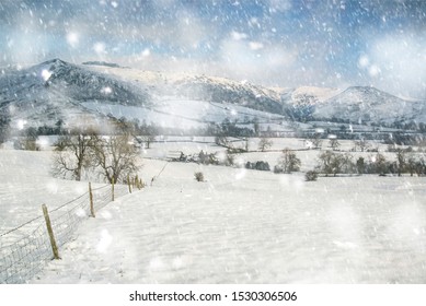 Snow Covered Winter Landscape At Sunrise In Peak District In England In Heavy Snow Storm