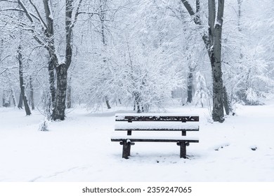 Snow covered wooden bench in a winter park - Powered by Shutterstock