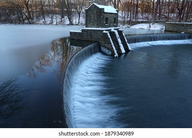 Snow Covers Historic Speedwell Dam In Morristown, New Jersey. 