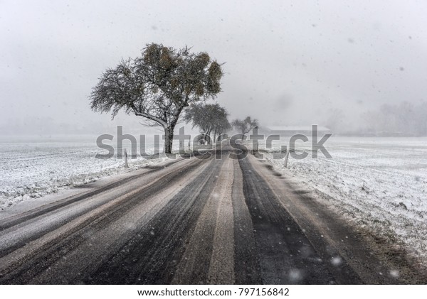 Snow\
drift and dull light on a winter day cause poor visibility and poor\
road conditions. Concept: weather or traffic\
safety