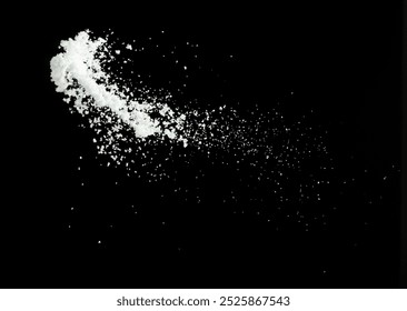Snow dust element falling over dark night. Fluffy White snow splash flying or throwing in mid air. Snowfall on Black background isolated