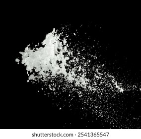 Snow dust element falling over dark night. Fluffy White snow splash flying or throwing in mid air. Snowfall on Black background isolated