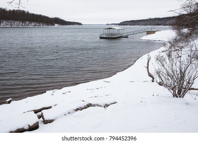 Snow At Fellows Lake And Boathouse In Springfield Missouri