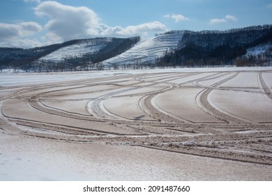 Snow Field Sprinkled With Snow Melting Agent
