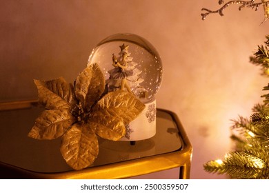 Snow Globe Christmas Tree Scene Flower Gold Home Warm Lighting - Powered by Shutterstock