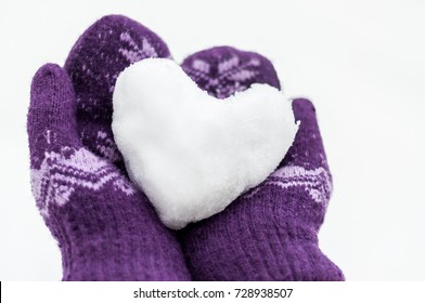 Snow Heart In Hands, Purple Mittens, Winter