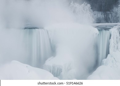 Snow and Ice covered Luna Island between American Falls and Bridal Veil Falls, NY, USA. Long exposure