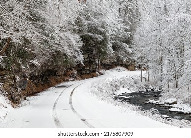 Snow And Ice Covered Roadway - New River Gorge National Park And Preserve - Appalachian Mountain Region - West Virginia