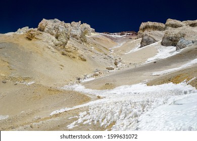 Snow And Ice Formations, Known As Los Penitentes, Block The High Altitude Road To The Abandoned Sulfur Mine Of Mina Julia, In The High Andean Puna Desert Of Salta Province In Argentina