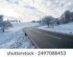 Snow landscape with trees, road and blue sky with clouds