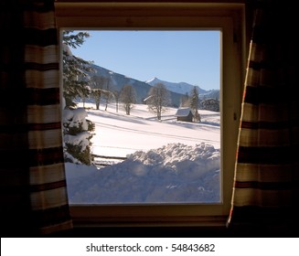 Snow Landscape View Through The Window