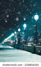 Snow In London, London Street  At Night, Uk, Britain