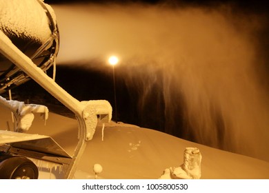 Snow Making Machine Blowing Fake Snow On The Ski Hill At Night